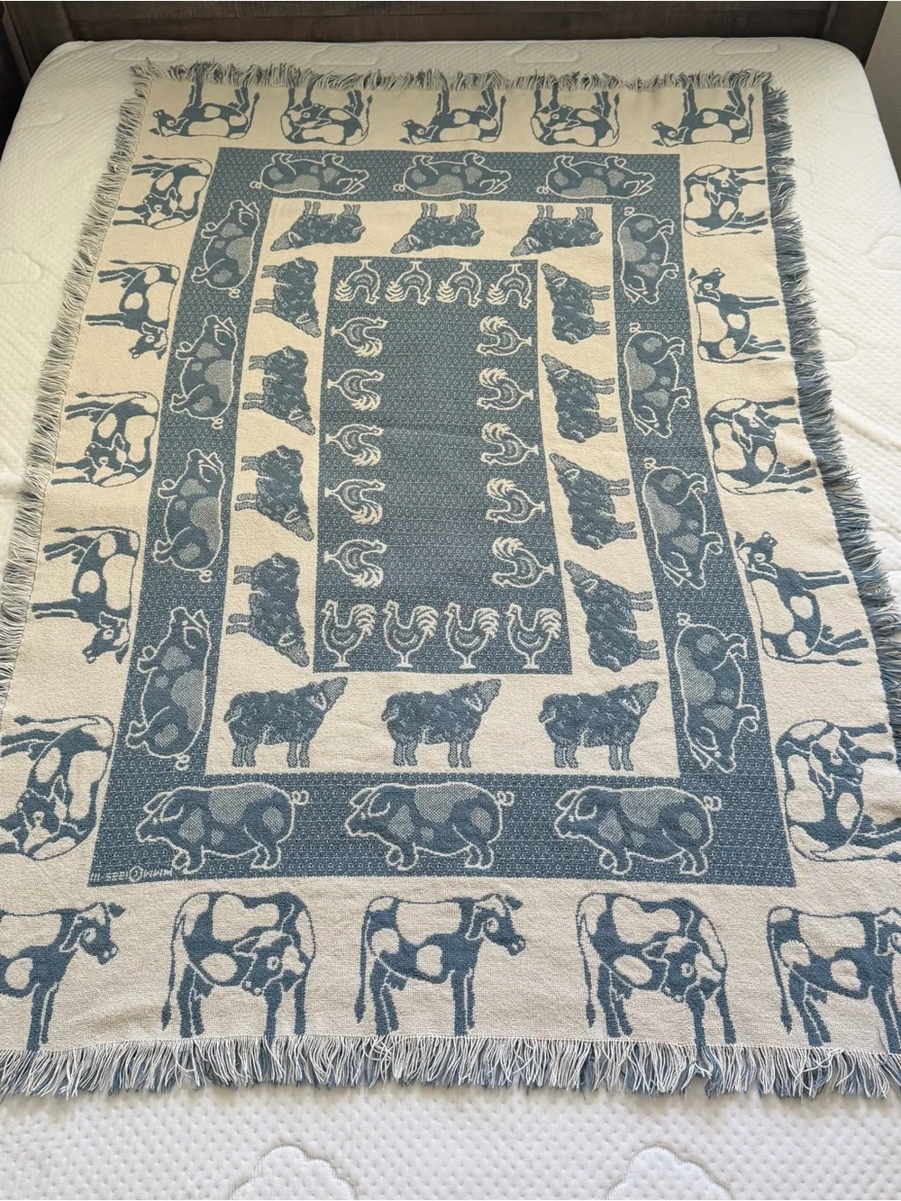 Vtg 1992 MWW Farm Animals Afghan Throw Blanket Cows Pigs Chickens Country 65x43”